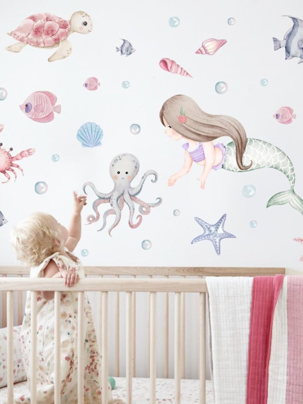 Mermaid Wall Decals,Under The Sea Animals Wall Stickers,Baby Girls Mermaid Wall